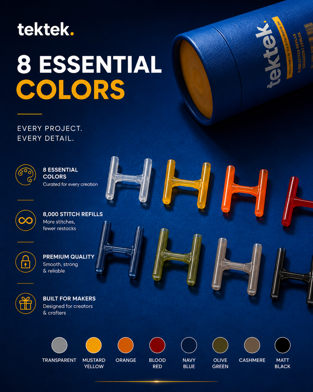Tektek Colored Fine Stitch Refills – 8 Essential Colors – 8,000 Stitches