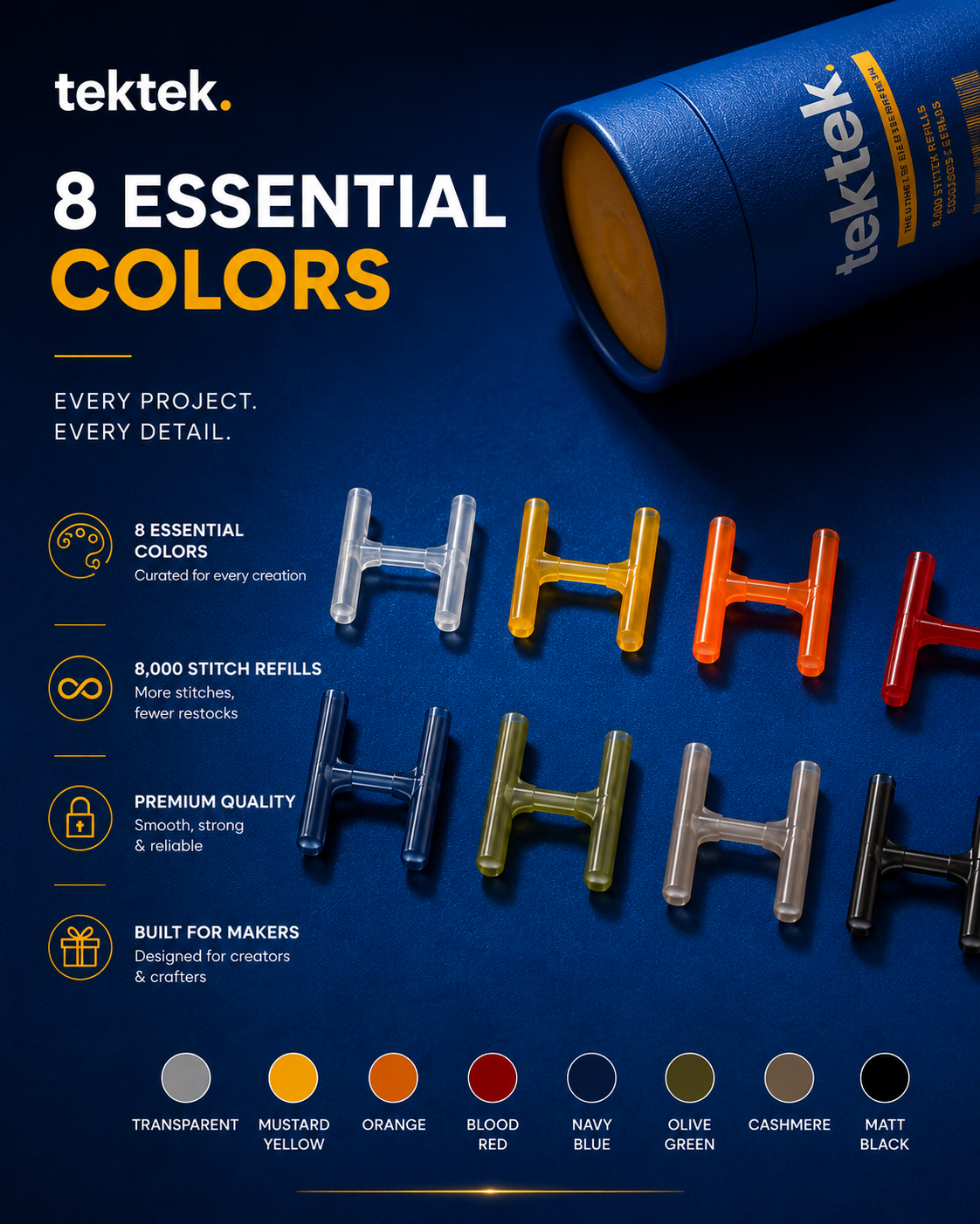 Tektek Colored Fine Stitch Refills – 8 Essential Colors – 8,000 Stitches
