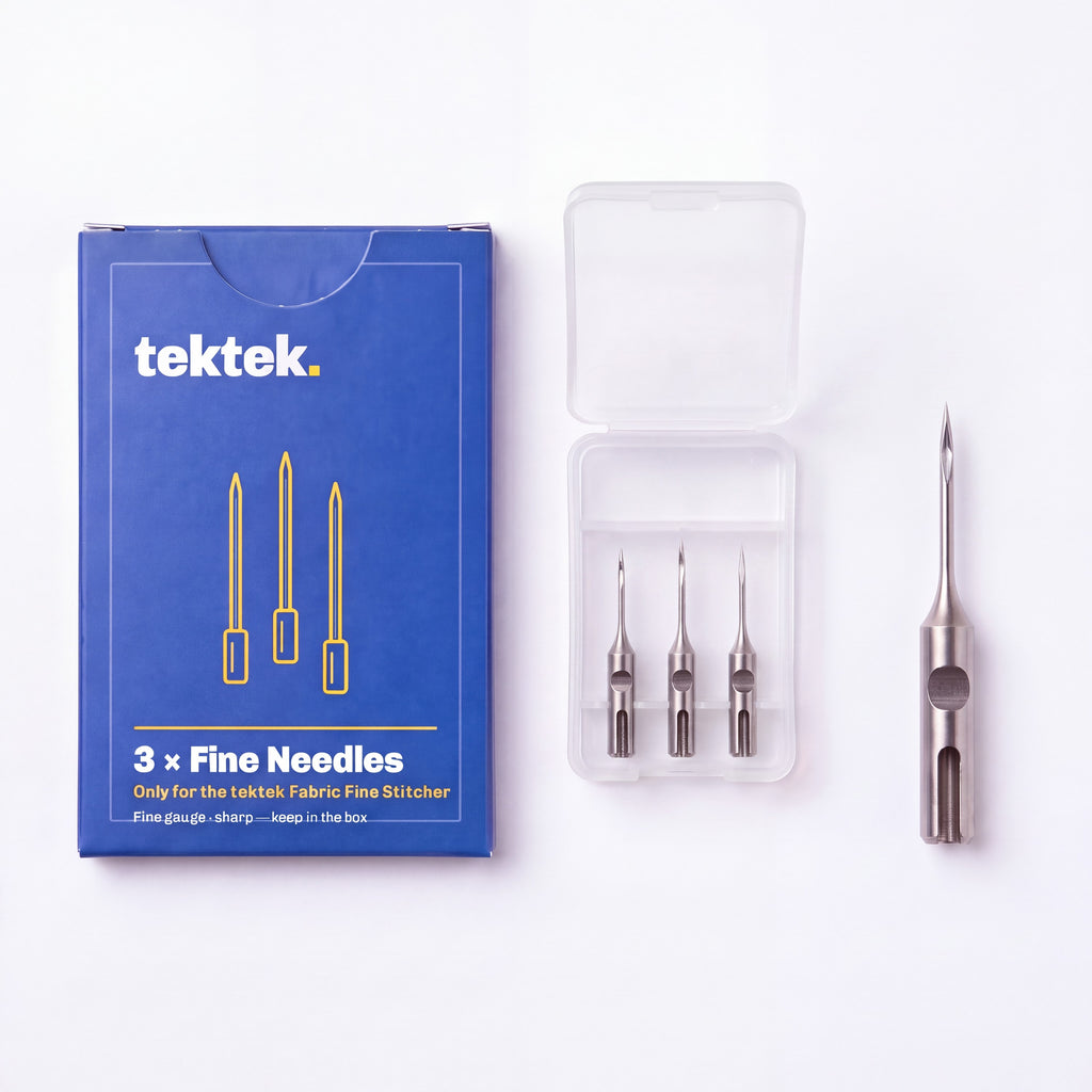 What's in the box – tektek carton, clear case and 3 fine stitcher needles
