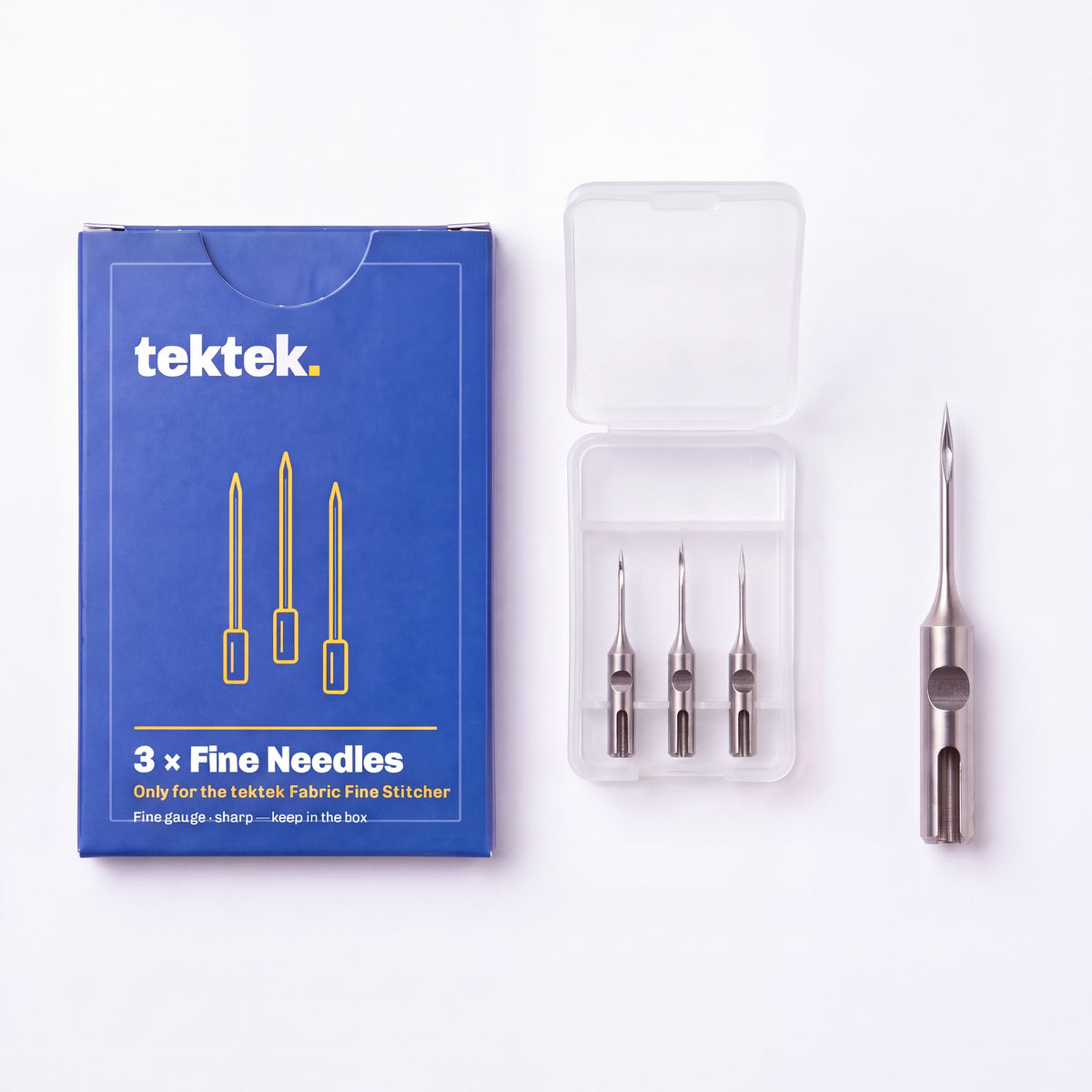 What's in the box – tektek carton, clear case and 3 fine stitcher needles